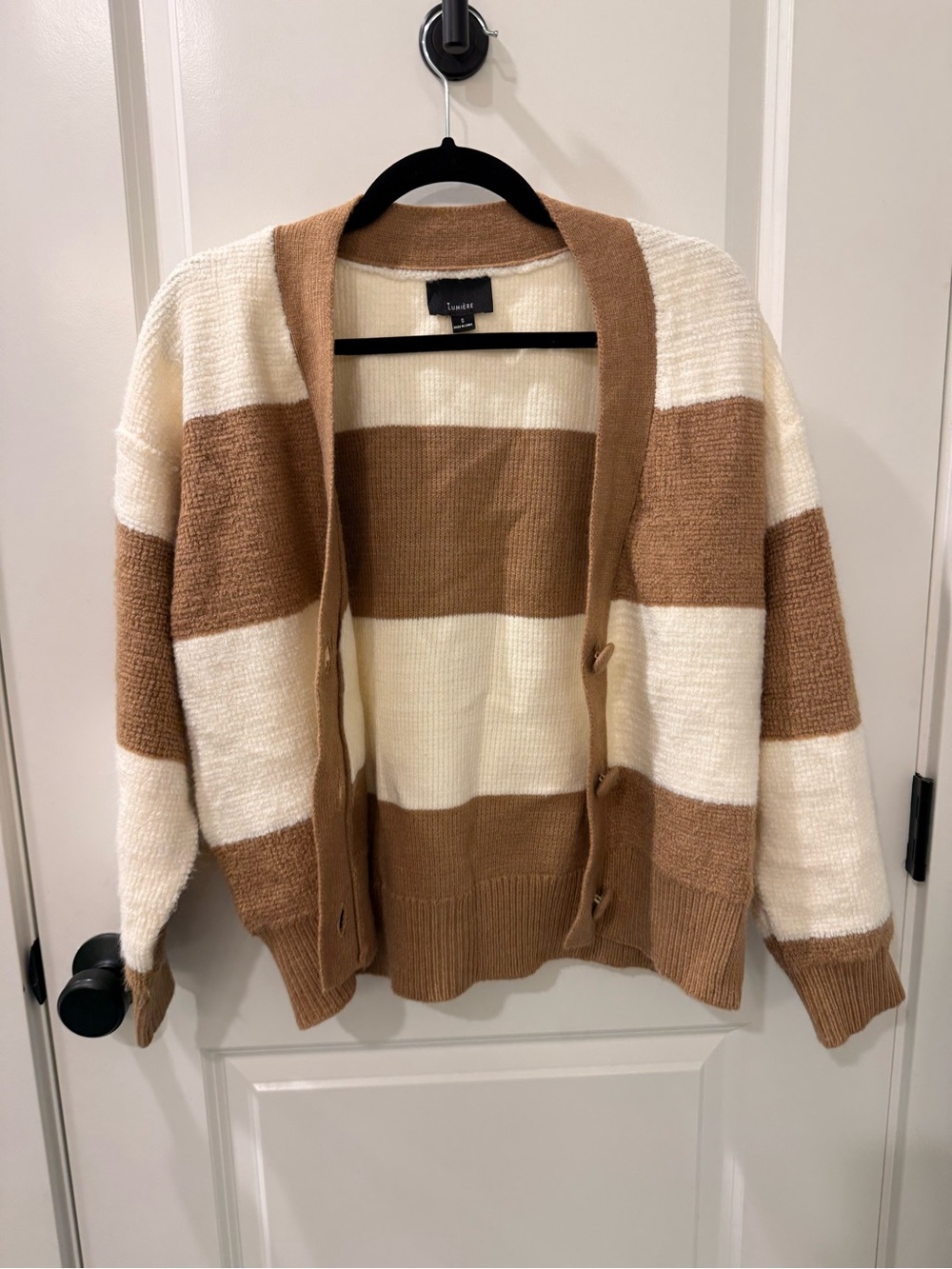 Lumiere Tan and Cream Striped Open Cardigan